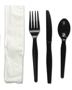 Plastic Cutleries Set - (Spoon, Fork, Knife and Napkin), Black (Pack of 500)